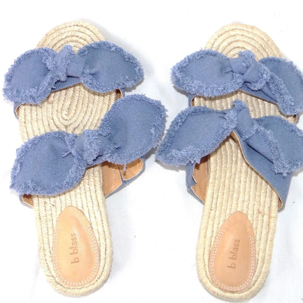 B Blass‎ Womens Blue Frayed Bow Espadrille Slide Sandals Flat Jute Size 7.5M 38